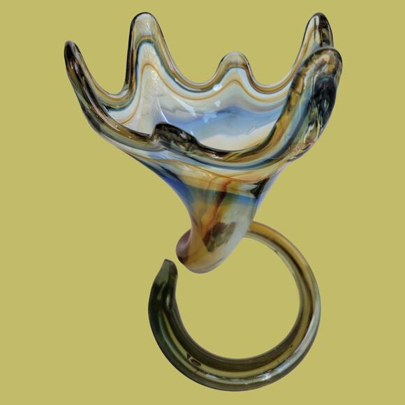 Vintage MCM 1960s Blue and Rust Sooner Art Glass Trumpet Vase - Picture 2 of 5